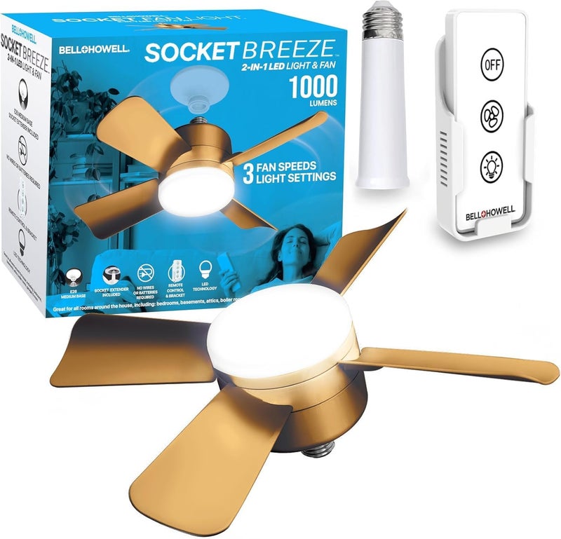BELLHOWELL مروحة سقف Socket Breeze Cool Light Deluxe Bronze – مروحات سقف مع أضواء LED وجهاز تحكم عن بعد، بديل لمصباح الإضاءة - غرفة النوم، المطبخ، غرفة المعيشة، 1000 لومن / 5000 كلفن - Image 1